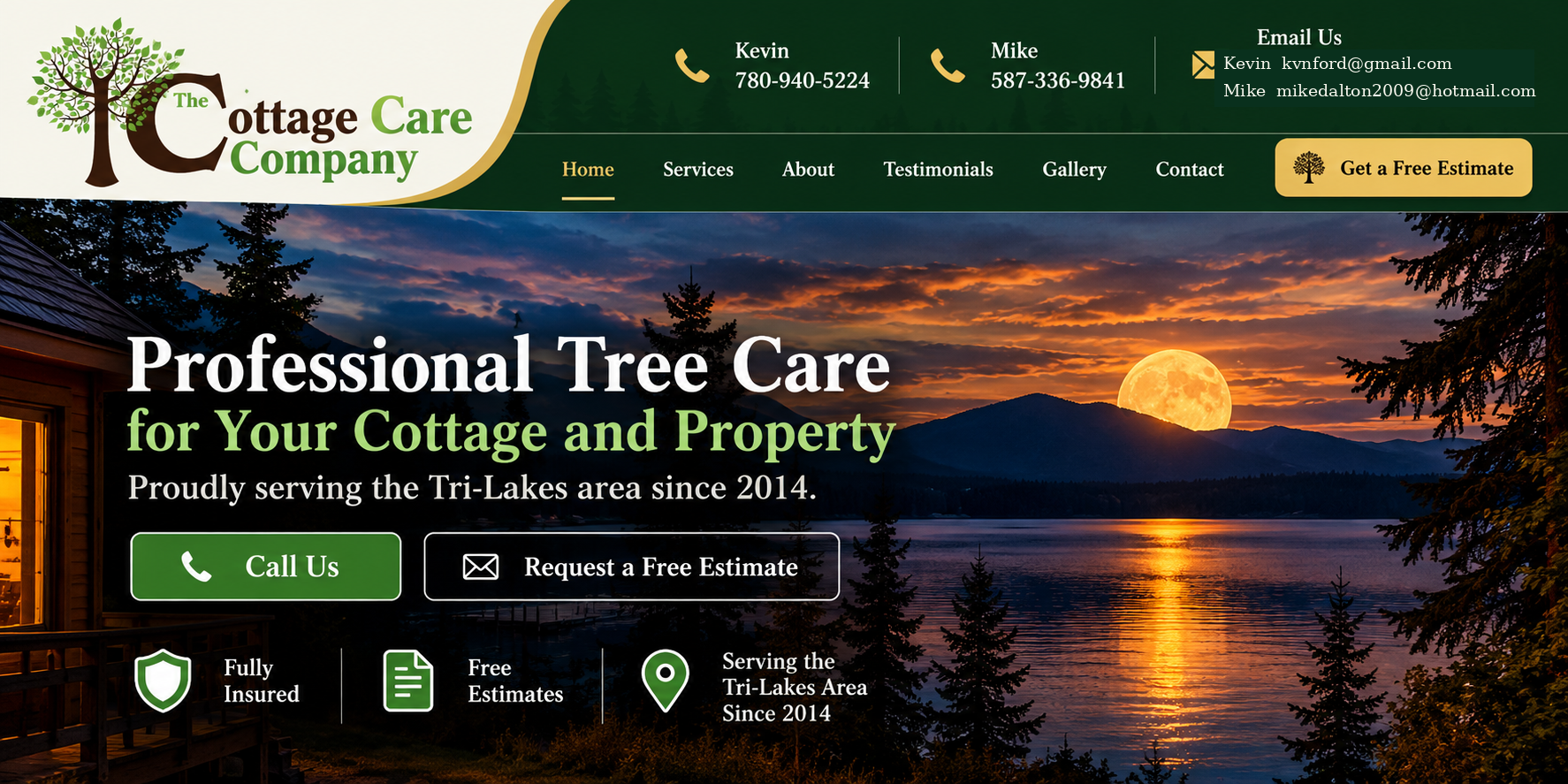 The Cottage Care Company: professional tree care for your cottage and property, with the original tree logo, contact details, and moonlit mountain lake background